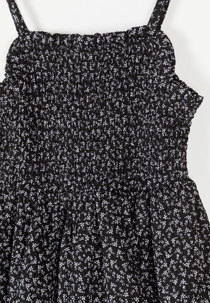 Tiered Sleeveless Dress, Floral Print, Black - 3