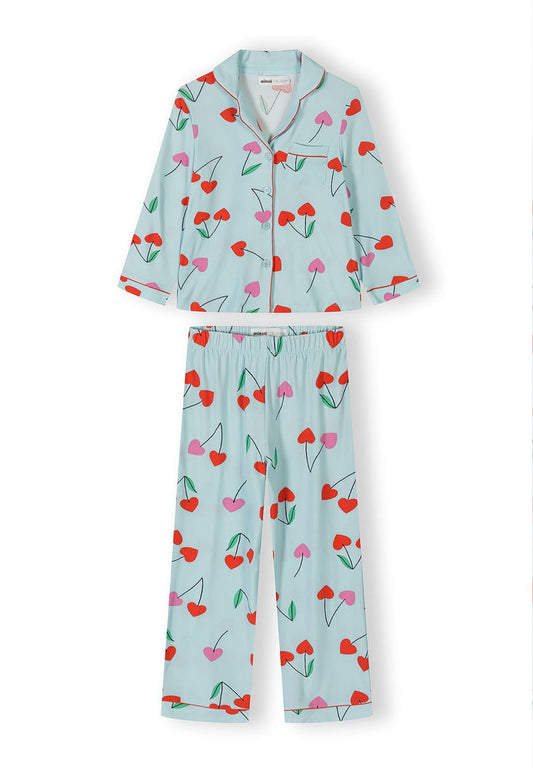 Pyjama Set Long Sleeve, Cherry Print, Light Blue - 1