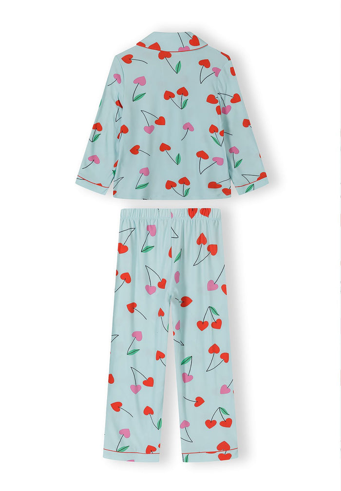 Pyjama Set Long Sleeve, Cherry Print, Light Blue - 2