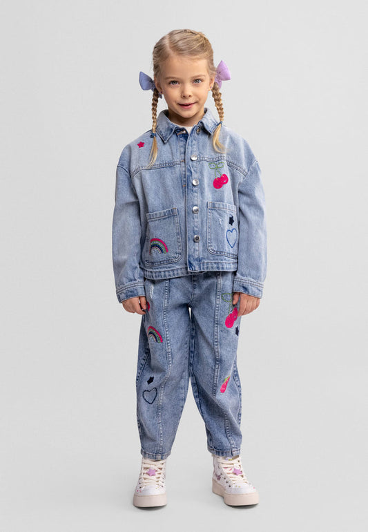 Girls' blue denim barrel shape jeans with embroidered details, front view.