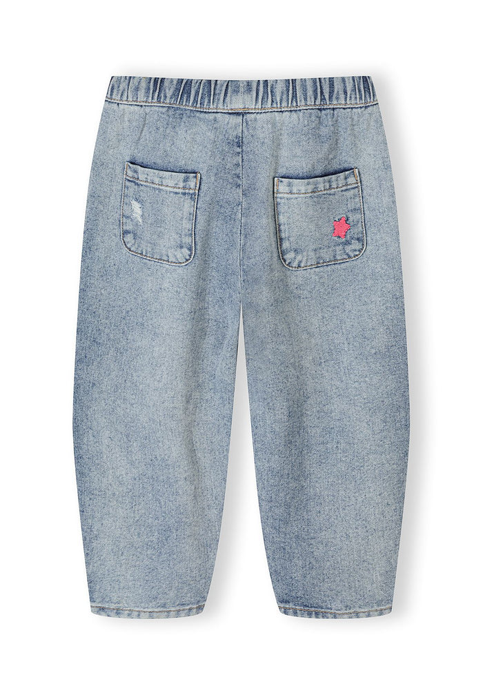 Girls barrel shape jeans in blue denim, back view with embroidered detail.