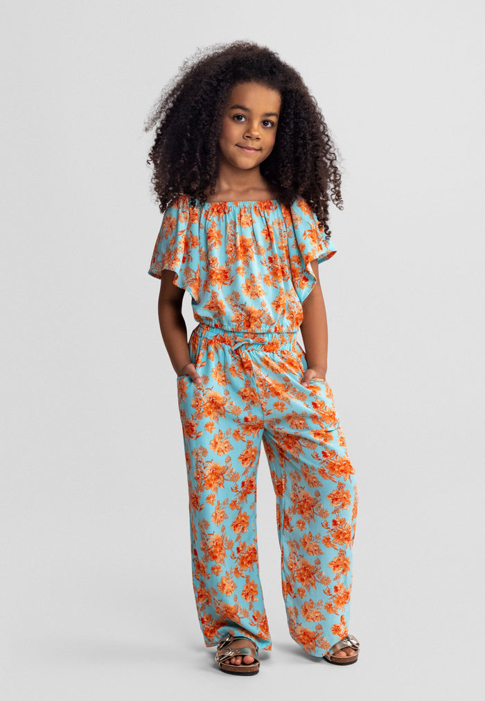 Co-ord Set, Floral Print, Light Blue Orange - 1