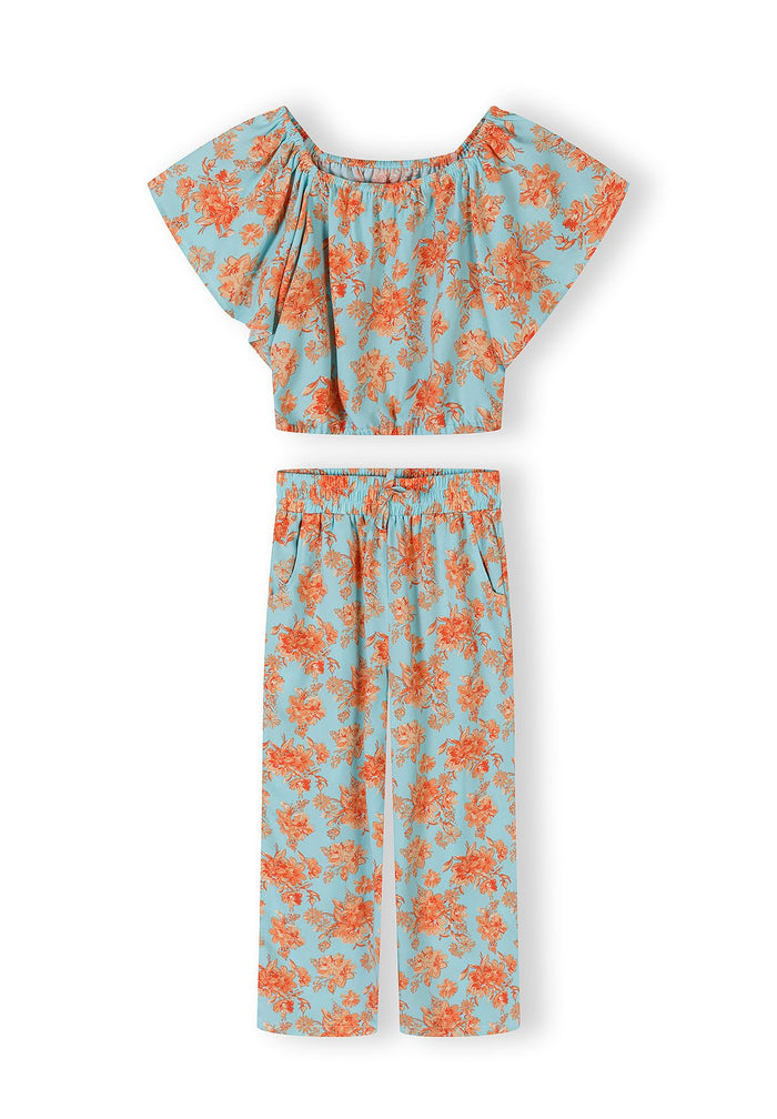 Co-ord Set, Floral Print, Light Blue Orange - 2