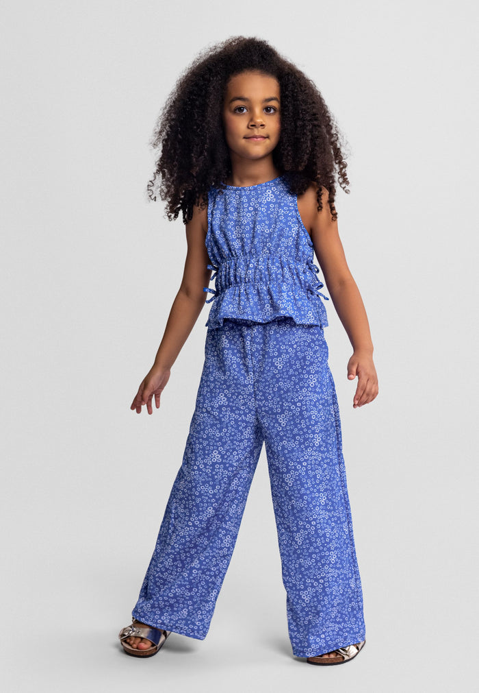 Jersey Top and Wide-Leg Trousers Set, Floral, Blue - 1
