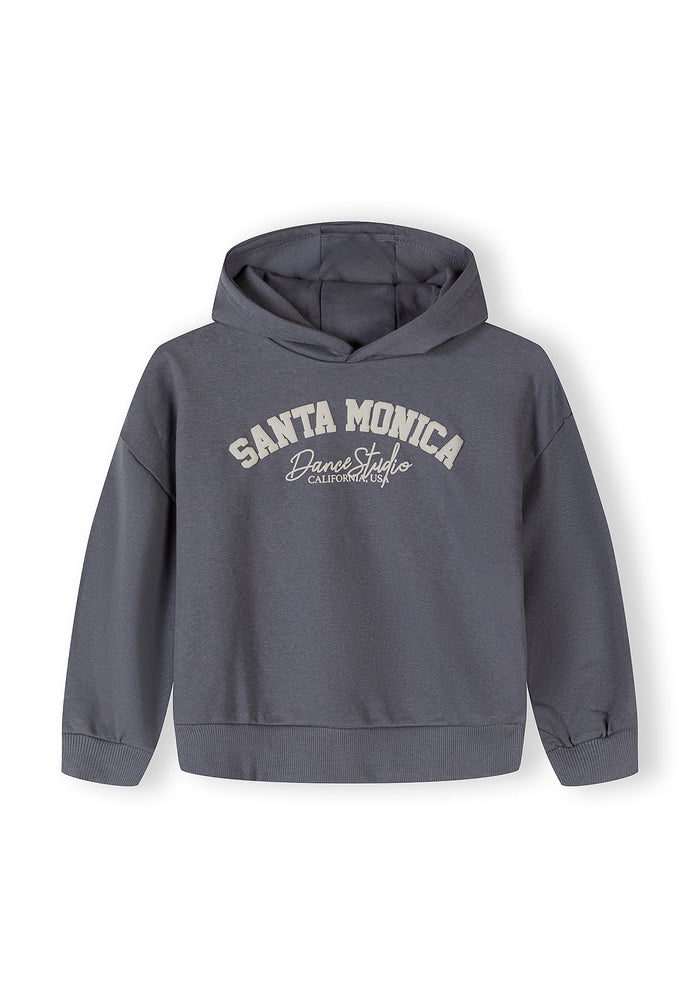 Girls hooded grey sweatshirt with logo detail, front view.