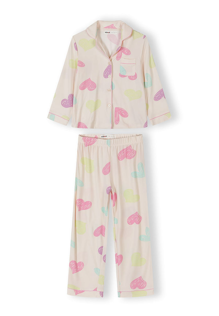 Heart Print Pyjama Set, Pink Cream, Button-Up - 1