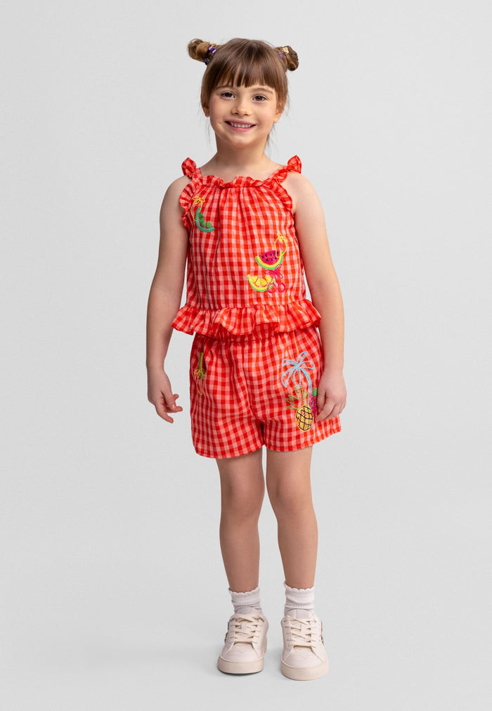 Shorts Set Gingham, Fruit Embroidery, Red - 1