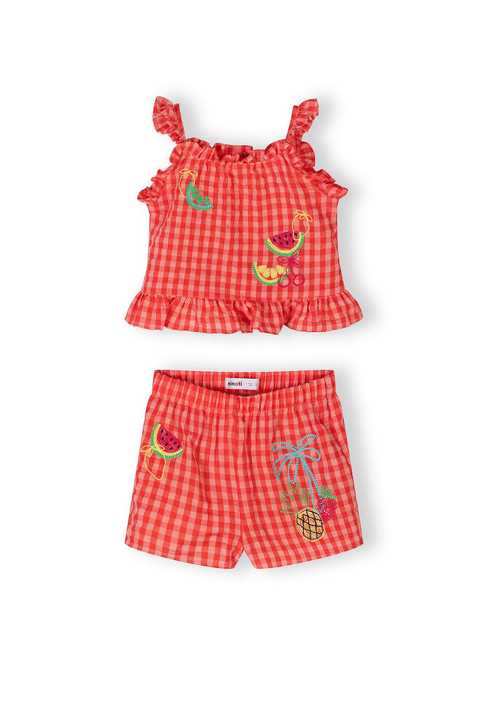 Shorts Set Gingham, Fruit Embroidery, Red - 2