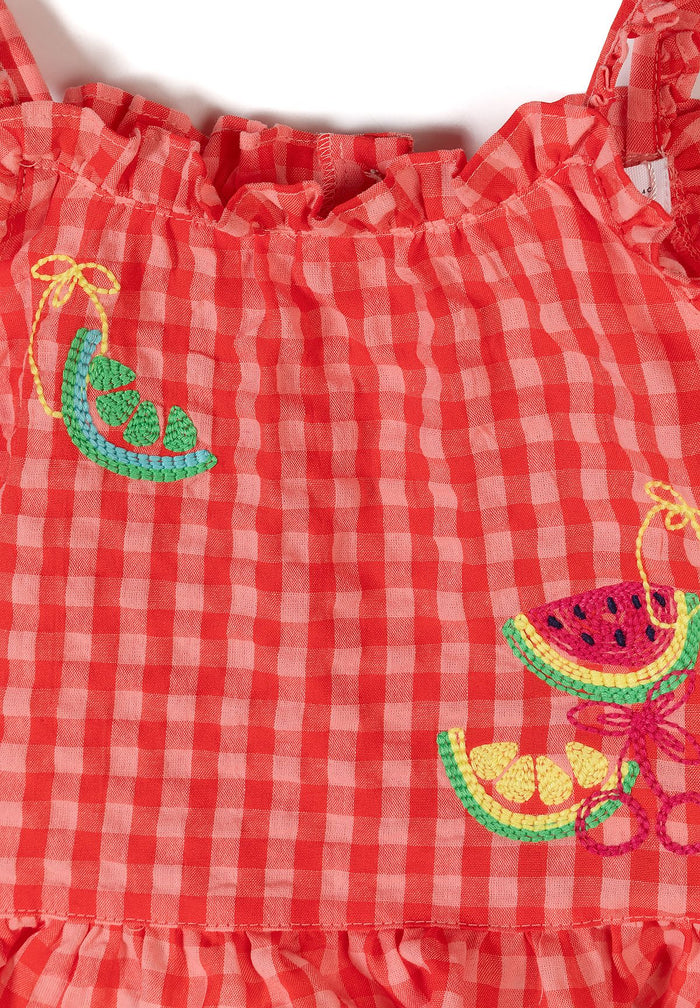 Shorts Set Gingham, Fruit Embroidery, Red - 7