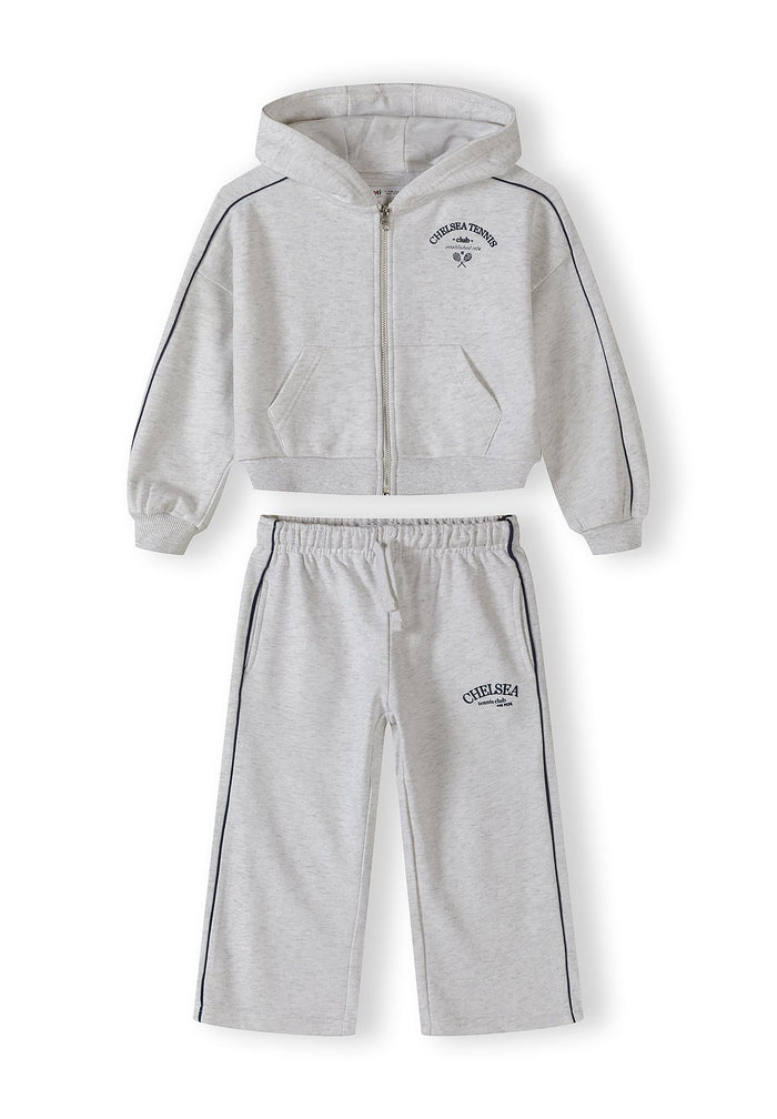 Girls grey marl tracksuit with hood, full zip jacket and wide-leg trousers.