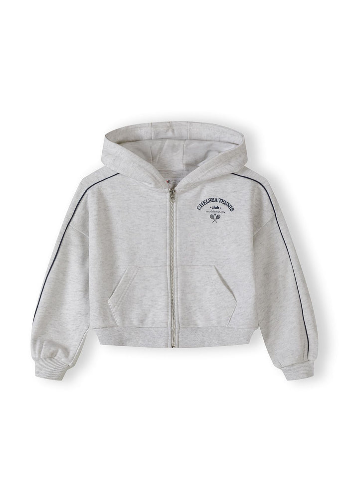 Girls grey marl tracksuit jacket with hood, front zip and side pockets.
