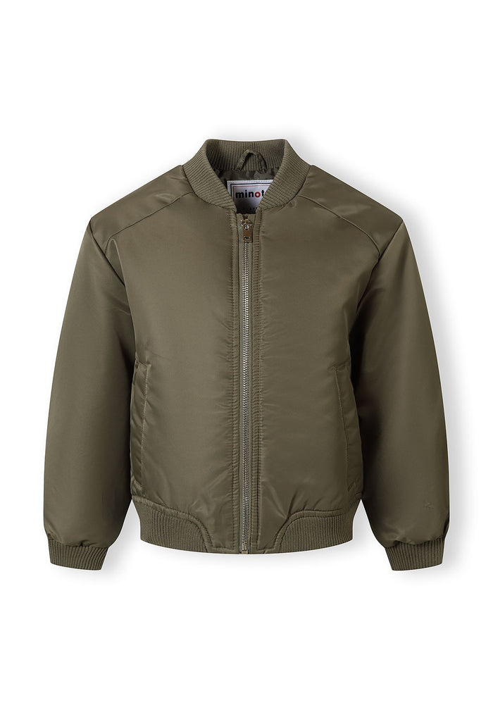 Girls khaki bomber jacket, front view, features stand collar and full-length zip.