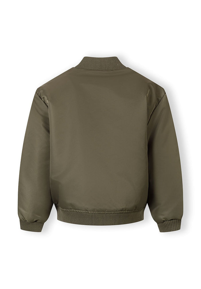 Back view of a girls' lightweight khaki bomber jacket with a stand collar and elasticated cuffs.