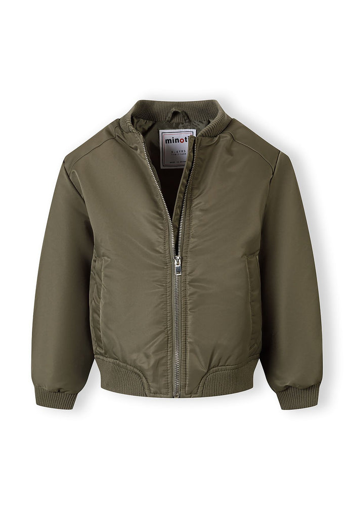 Girls lightweight khaki bomber jacket, front view, features a full-length zip and stand collar.