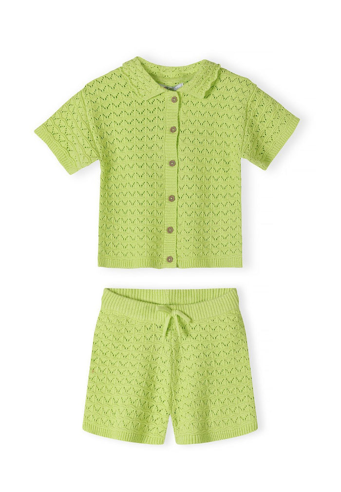 Pointelle Knit Set, Button-Front Cardigan & Shorts, Lime - 2