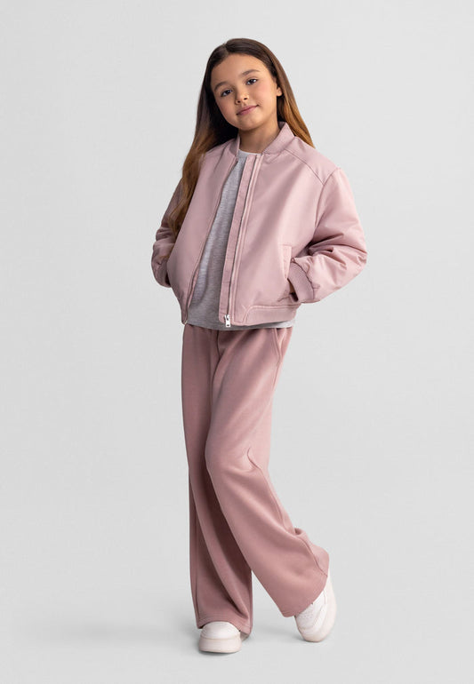 Girls lightweight pink bomber jacket, front view, features ribbed collar and zip closure.