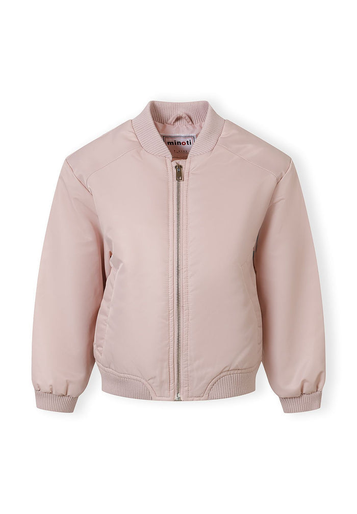 Girls lightweight pink bomber jacket, front view, features a full-length zip and ribbed collar.