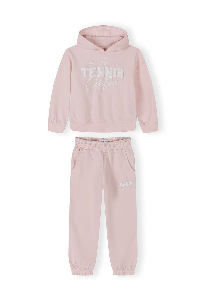 Girls light pink tracksuit with hooded sweatshirt and joggers, featuring elasticated cuffs and waistband.