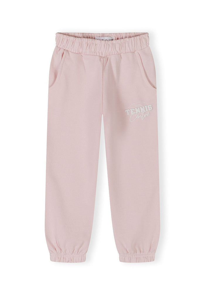 Light pink joggers with elasticated waistband and side pockets.