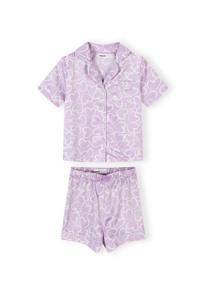 Satin Pyjama Set, Heart Print, Lilac - 1