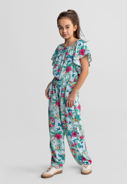 Tropical Print Crop Top & Wide Leg Trouser Set, Mint - 1