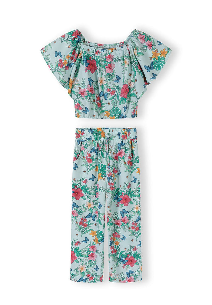 Tropical Print Crop Top & Wide Leg Trouser Set, Mint - 2