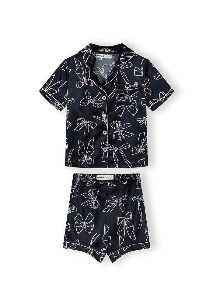 Satin Pyjama Set, Bow Print, Navy - 1