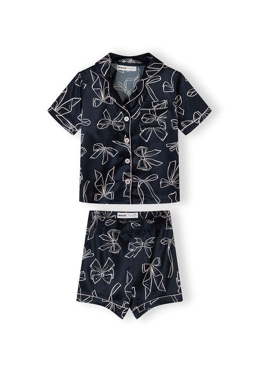 Satin Pyjama Set, Bow Print, Navy - 1