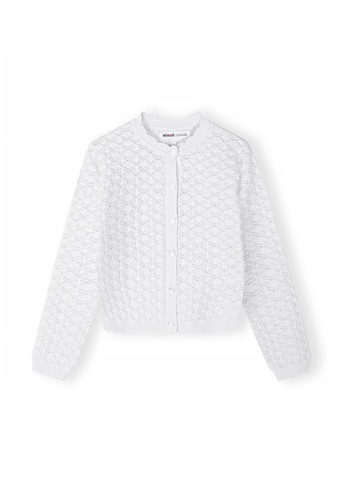 Wavy Pointelle Cardigan, White, Button-Front - 2
