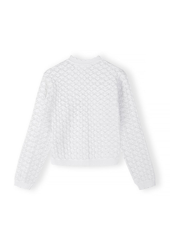 Wavy Pointelle Cardigan, White, Button-Front - 3