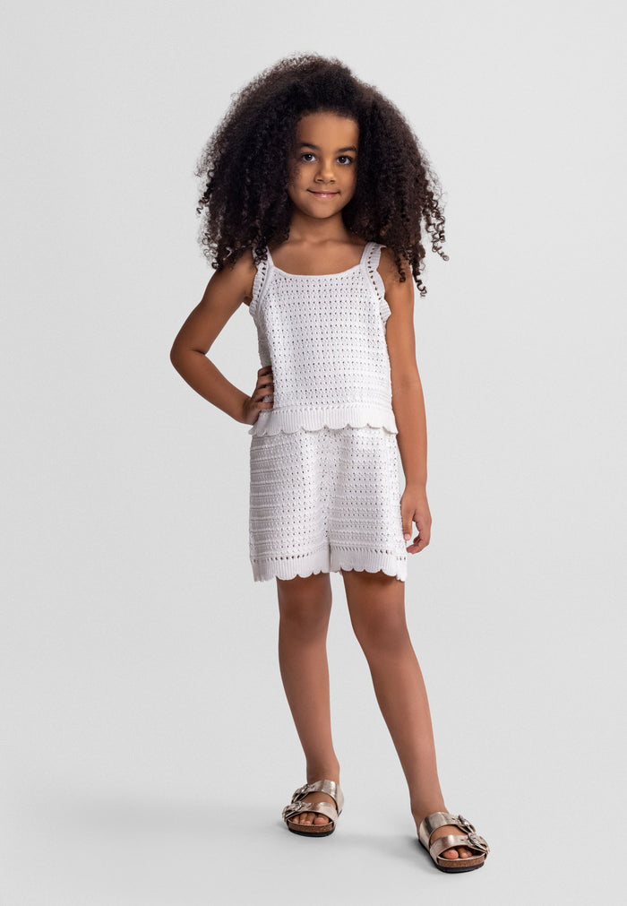Pointelle Knit Romper, White, Scalloped Hem - 1