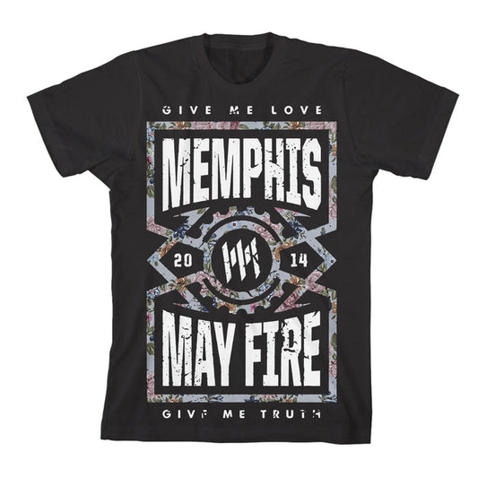 Black Memphis May Fire T-shirt with the band name in bold white letters, “2014,” “Give Me Love,” and “Give Me Truth” text, plus a subtle floral frame around the design.
