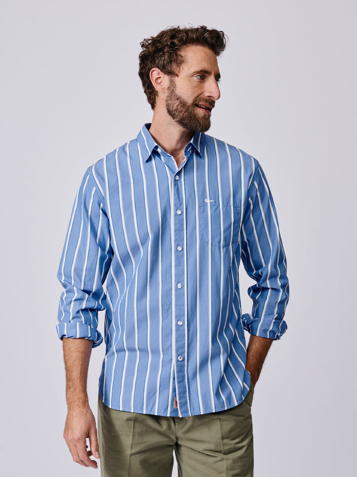 Aubin Blue Variegated Stripe Gladstone Poplin Shirt | Poplin Shirt
