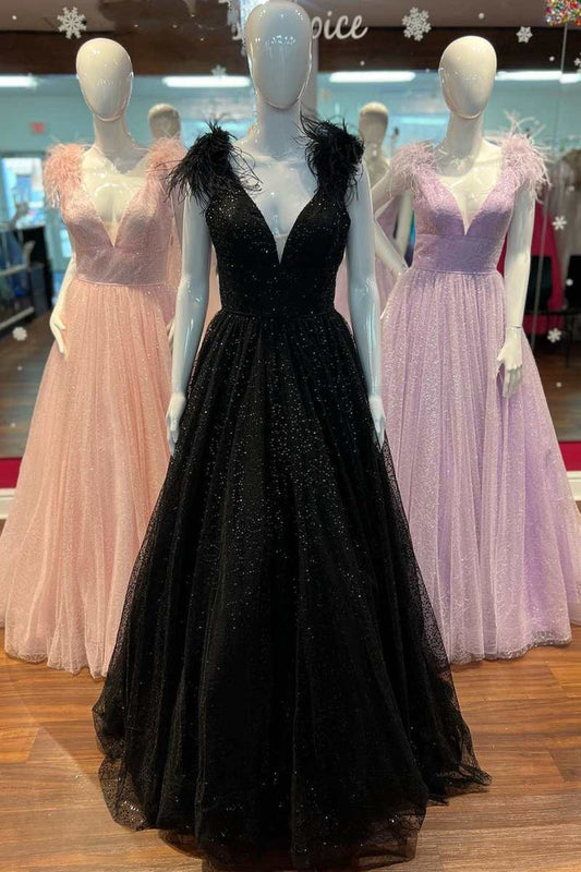 Glitter Feathers V-Neck Empire Waist A-Line Prom Gown