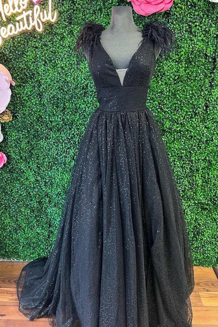 Glitter Feathers V-Neck Empire Waist A-Line Prom Gown