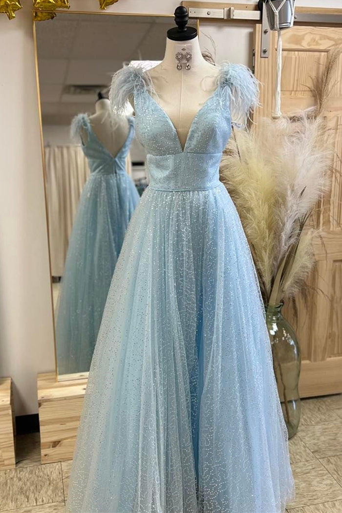 Glitter Feathers V-Neck Empire Waist A-Line Prom Gown