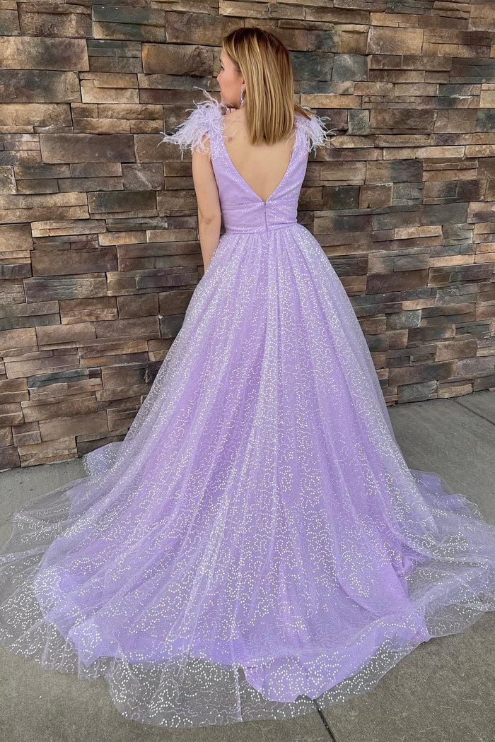 Glitter Feathers V-Neck Empire Waist A-Line Prom Gown
