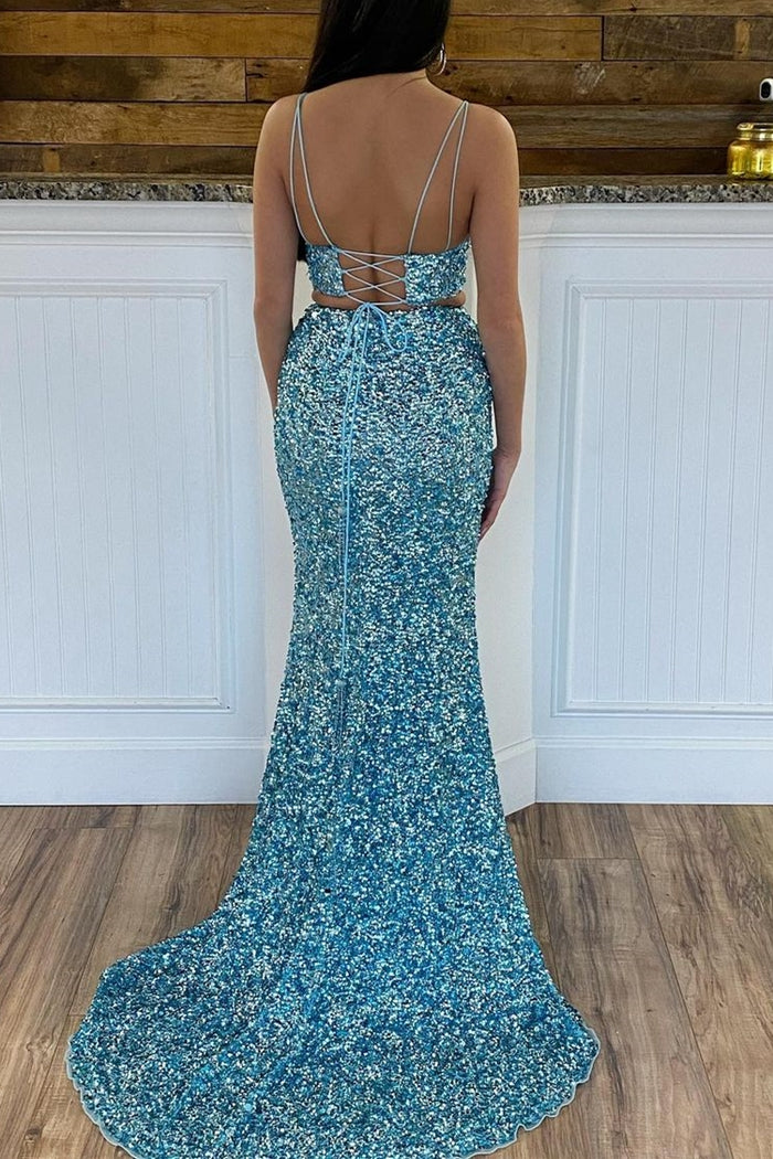 Glitter Two Piece Green Sequins Mermaid Prom Dress