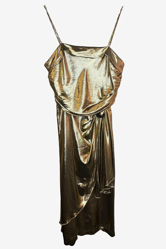 Gold Lurex Cocktail Midi Dress with Rosette