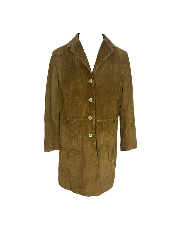 Golden Buckle Tan Suede Leather Midi Coat
