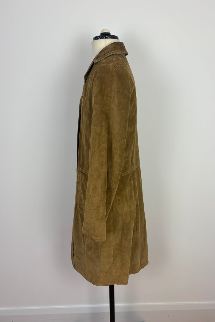 Golden Buckle Tan Suede Leather Midi Coat