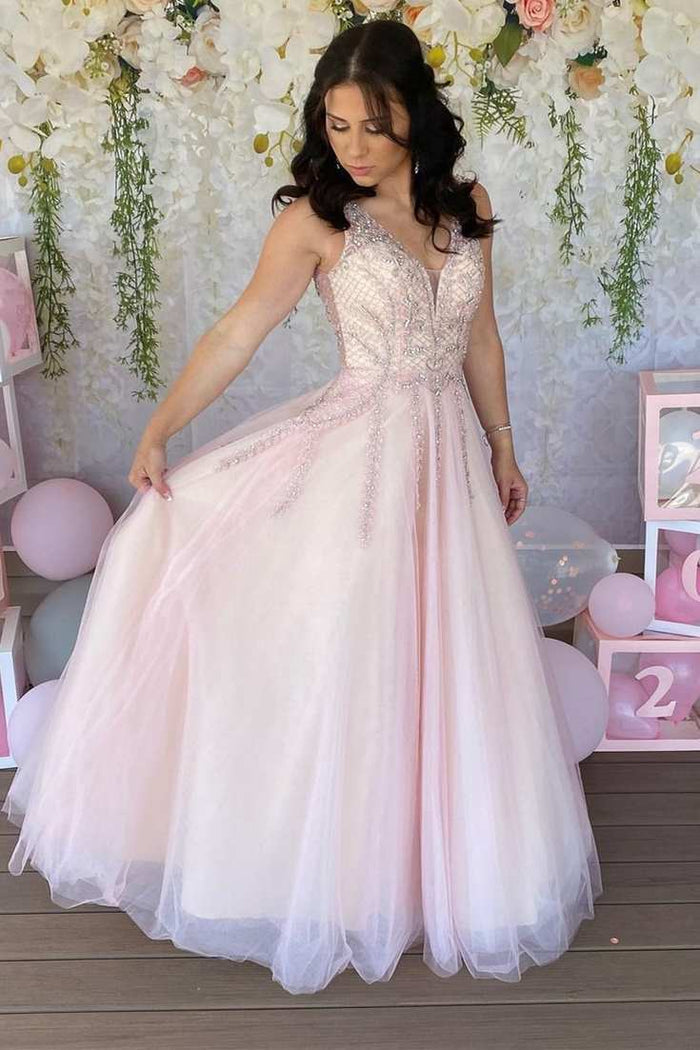 Gorgeous Pink A-line Beaded Long Formal Dress