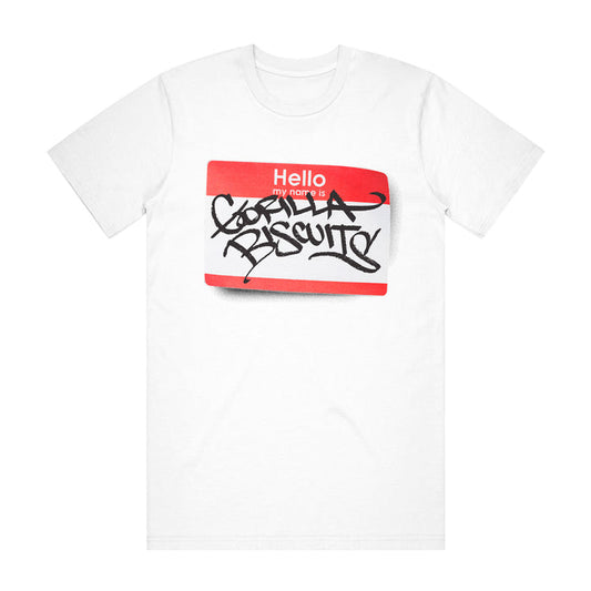 White t-shirt by Gorilla Biscuits featuring a graphic of a red “Hello my name is” tag with “Gorilla Biscuits” in bold, black graffiti-style lettering across the tag.