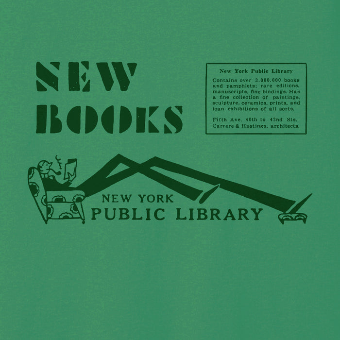 Green t-shirt with New York Public Library design featuring text and a graphic of a person reading.