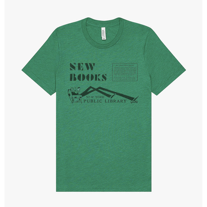 Green t-shirt with 'New Books' and 'New York Public Library' text on a white background