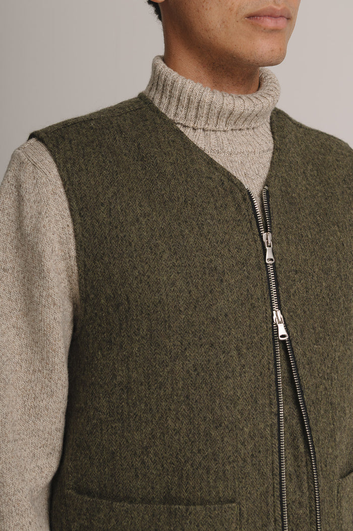 Green Brushed Herringbone Wool Gilet, Gilet - SIRPLUS