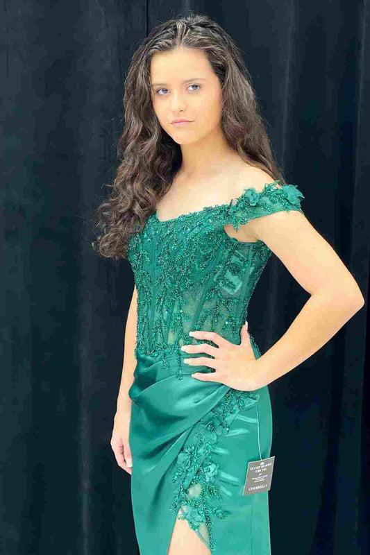 Green Mermaid Off-Shoulder Applique Pleated Satin Long Prom Dress with Slit