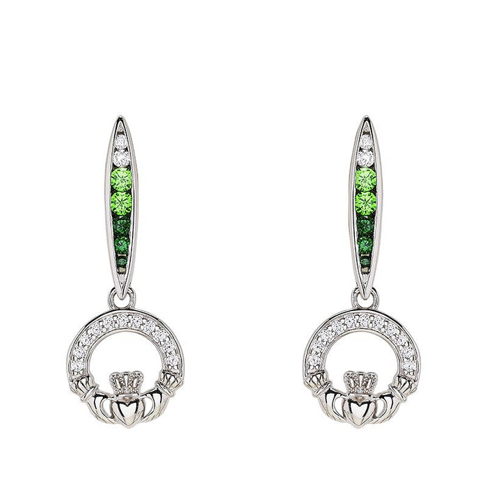 Green & White CZ Claddagh Earrings