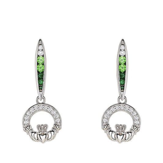 Green & White CZ Claddagh Earrings