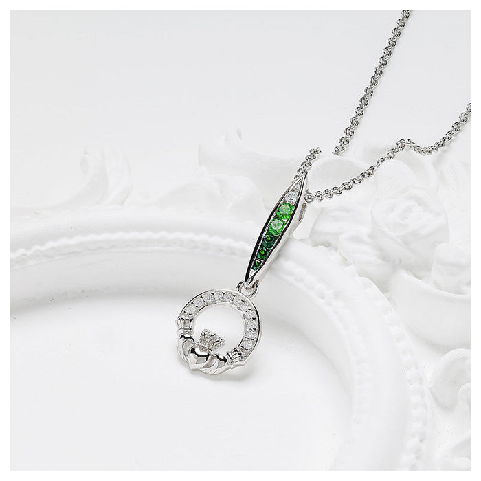Green & White CZ Claddagh Necklace